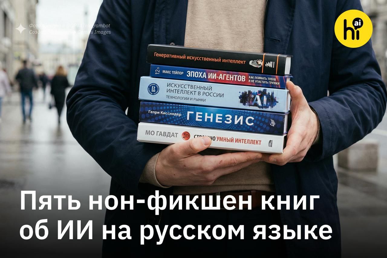 Обложки книг про искусственный интеллект на столе рядом с ноутбуком