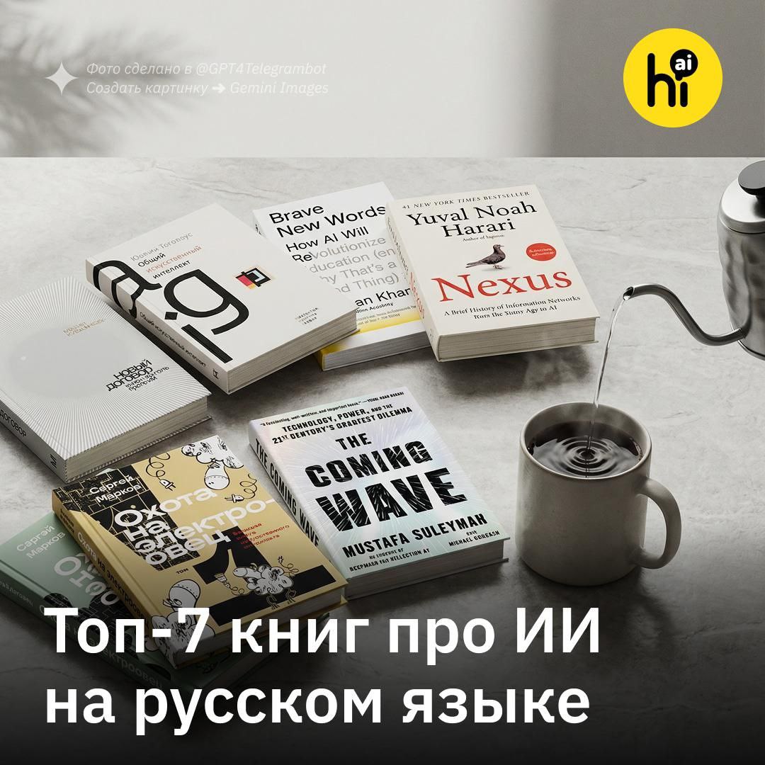 Обложки книг об искусственном интеллекте на столе рядом с блокнотом